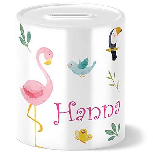 Safari Flamingo Kinder Spardose Personalisiert mit Namen Geschenke Geschenkideen für Mädchen zum Geburtstag Einschulung Taufe Geburt Sparschwein