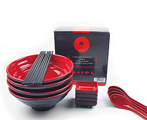 Goliber - Groß Ramen Schüssel Set - Enthält 4 Melamin Ramen Bowl, Essstäbchen, Löffel and kleine Schüssel für Sauce - Japanisches Geschirr Ideal für Ramen Nudeln oder Pho Nudelsuppe -4 Sätze,16