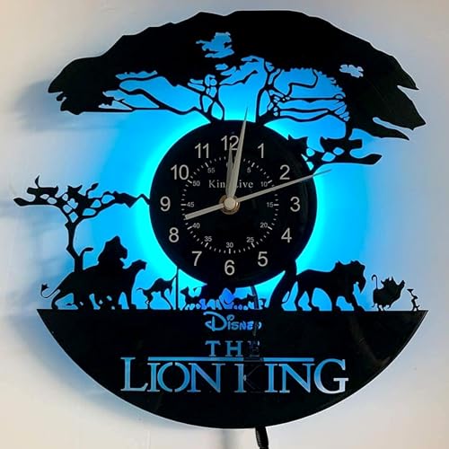 KingLive Cartoon Der König der Löwen Wanduhr, Simba Vinyl Schallplatte Wanddekoration,Weihnachten & Halloween Deko, ​Simbas Königreich Wohnzimmer Küche Uhr(Mit LED-Nachtlicht