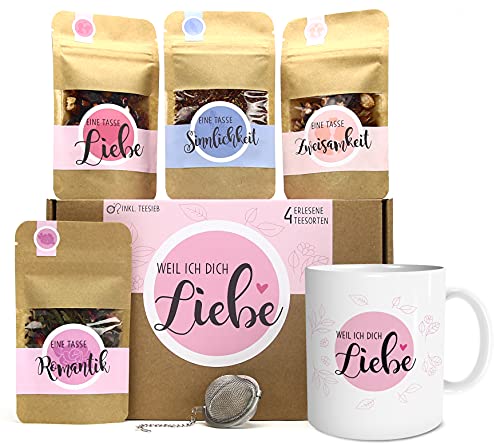 Weil ich Dich Liebe Tee Geschenk-Set mit 4 verschiedene Sorten und Tasse mit Namen personalisiert Geschenke für Frauen zum Valentinstag