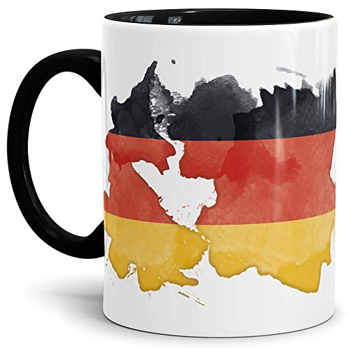 Tassendruck Flaggen-Tasse Deutschland Innen & Henkel Schwarz - Fahne/Länderfarbe/Wasserfarbe/Aquarell/Cup/Tor/Qualität Made in Germany
