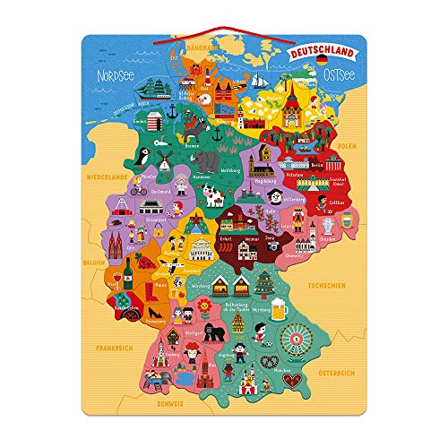Janod Deutschlandkarte, magnetisch, Puzzle für Kinder aus Holz, 79 magnetische Teile, Entdecken und Merken, Geographie-Lernspiel, ab 7 Jahren, J05477